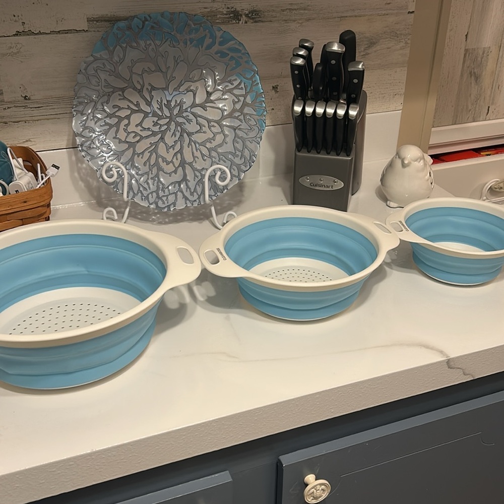 JOY MANGANO CLEAN BOSS Collapsible Blue and White Colander Set NEW - Picture 5 of 5